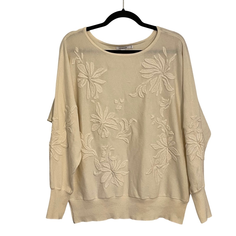 Chico's Floral Appliqué Pullover Sweater Creamy Beige‎ Size 2 US L